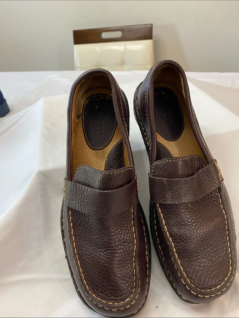 Born Dark Brown Leather Penny Loafers with Contrast Stitching